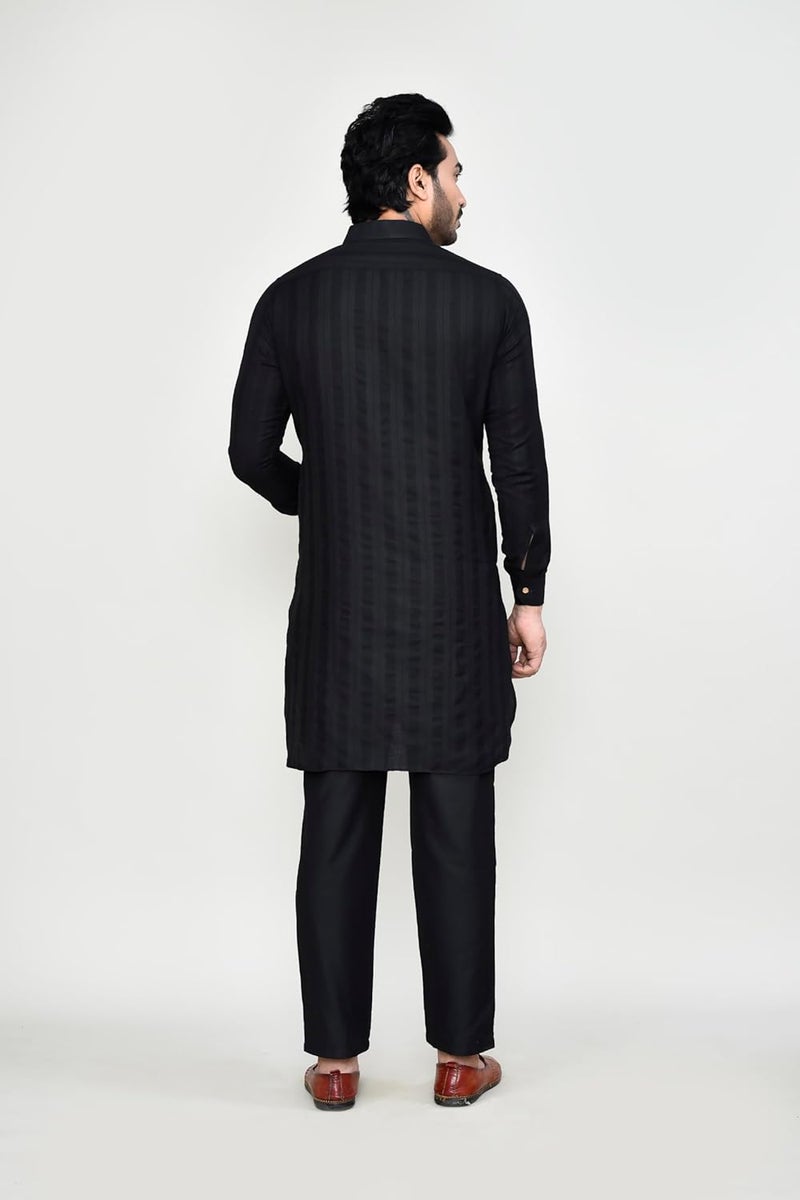 Polyfab Hathkargha Men's Long Sleeve Striped Kurta with Shirt Collar & Pant Set - Comfortable Cotton Blend Ethnic Wear - Image 2